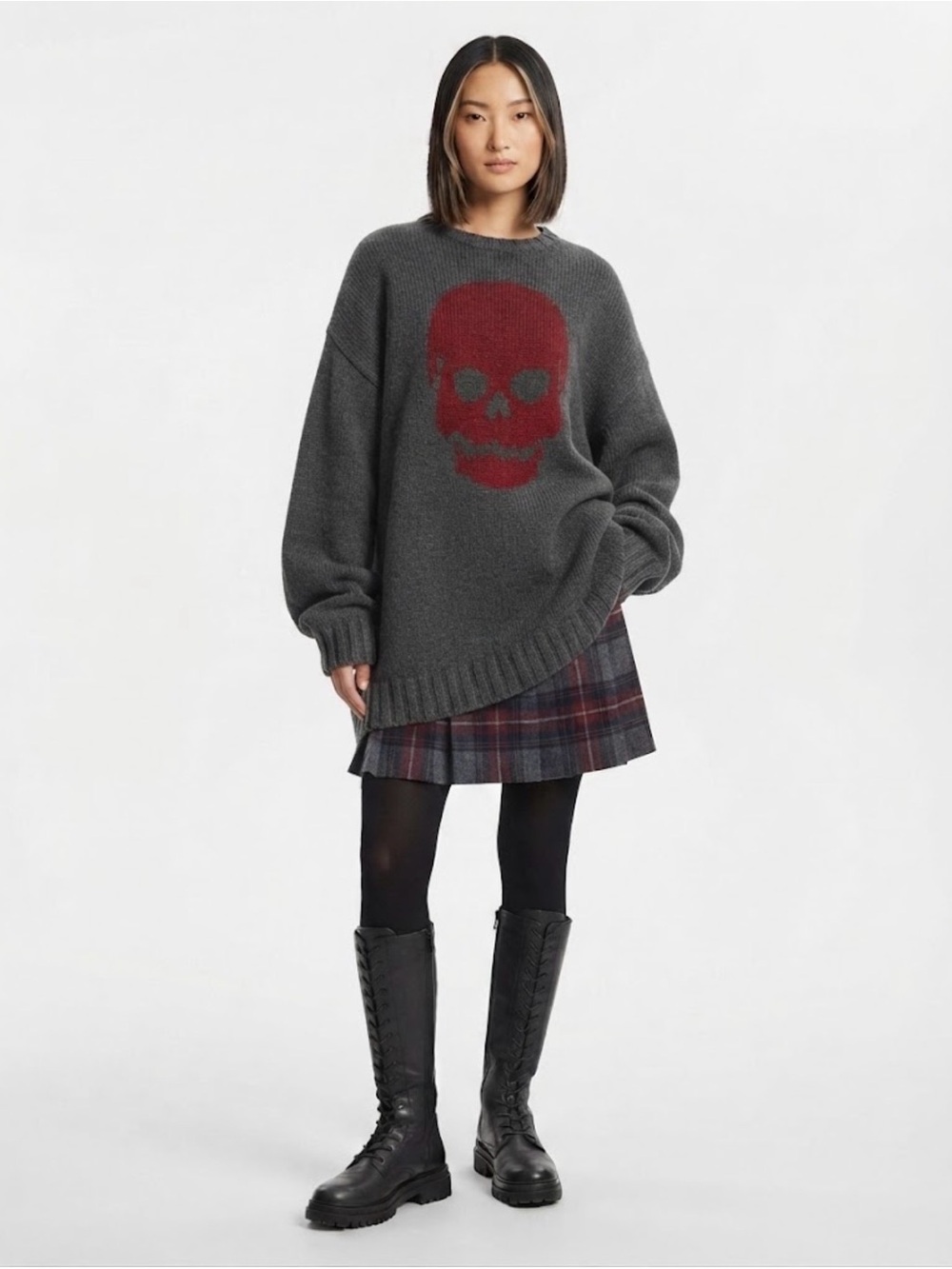 Wooden Ships Skull Knit Oversized Crewneck Sweater Grey Red Mohair Wool